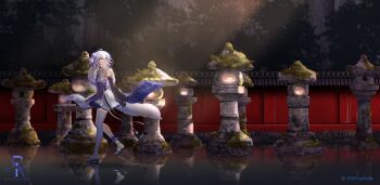 1girl asymmetrical_legwear bare_shoulders black_gloves black_sandals commentary_request day detached_sleeves dia_(saihate_(d3)) elbow_gloves gloves grey_eyes grey_hair hair_between_eyes highres japanese_clothes kimono long_sleeves moss obi original outdoors pleated_skirt purple_sleeves purple_thighhighs reflection saihate_(d3) sandals sash skirt sleeveless sleeveless_kimono socks solo stone_lantern sunlight tabi thighhighs tree walking walking_on_liquid water white_kimono white_skirt white_socks wide_sleeves zouri