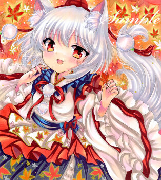 1girl :d animal_ear_fluff animal_ears autumn_leaves black_skirt blush commentary_request cowboy_shot fang frilled_sleeves frills hat holding holding_leaf inubashiri_momiji leaf long_sleeves looking_at_viewer maple_leaf marker_(medium) open_mouth pom_pom_(clothes) red_eyes red_hat red_ribbon ribbon rui_(sugar3) sample_watermark shirt skirt smile solo tail tokin_hat touhou traditional_media upper_body watermark white_hair white_shirt wide_sleeves wolf_ears wolf_girl wolf_tail