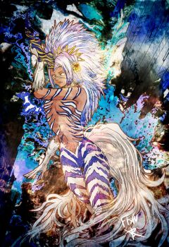 1girl big_hair blue_hair body_fur braid breasts commentary_request copyright_name dark-skinned_female dark_skin eutrope_(ff14) final_fantasy final_fantasy_xiv horns horse_tail long_hair medium_breasts multicolored_hair navel purple_hair ruka_(blueplus84) single_horn solid_eyes solo striped_fur tail two-tone_hair white_tail wicked_thunder_(ff14)