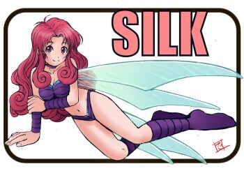 1girl antenna_hair arm_across_chest bikini boots breasts choker cleavage cotton_(game) curly_hair curly_sidelocks darumatensi fairy fairy_wings groin highres insect_wings large_breasts long_hair long_sidelocks lying mini_person minigirl navel on_side purple_bikini purple_boots red_eyes red_hair shoes sidelocks signature silk_(cotton) simple_background solo swimsuit transparent_wings wings wristband