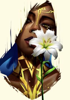1girl arcane:_league_of_legends artist_name blonde_hair commentary dark-skinned_female dark_skin english_commentary flower flower_request gold_tattoo green_eyes highres league_of_legends leira_cire long_hair looking_at_viewer mel_(league_of_legends) parted_lips portrait solo white_flower