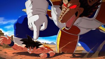 Rule 34 | 2boys, alternate form, black eyes, black hair, blue sky, boots, bruise, bruise on arm, bruise on face, commentary, day, dragon ball, dragon ball: sparking!, dragonball z, english commentary, gloves, highres, injury, lying, male focus, meme, monkey boy, muart242, multiple boys, muscular, muscular male, no pupils, on one knee, on stomach, oozaru, open mouth, outdoors, reaching, red eyes, saiyan armor, scene reference, sharp teeth, sky, smoke, son goku, spiked hair, teeth, topless male, vegeta, wasteland, white footwear, white gloves, wristband