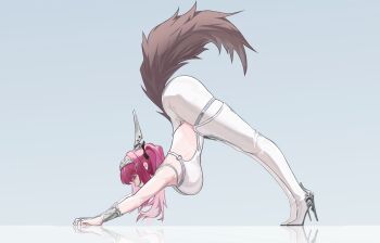 Rule 34 | 1girl, bodysuit, breasts, commentary, cybernetic sam, grey background, high heels, highres, large breasts, lupa (wuthering waves), profile, purple hair, reflection, simple background, sleeveless, sleeveless bodysuit, solo, tail, top-down bottom-up, white bodysuit, wolf girl, wolf tail, wuthering waves