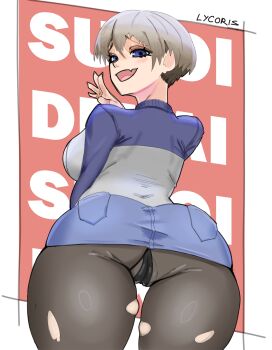 1girl artist_name ass ass_focus backboob black_panties black_pantyhose blue_eyes blue_shirt blue_sky breasts cameltoe cowboy_shot denim denim_skirt eyelashes fang female_focus from_behind from_below grey_hair grey_shirt hand_up huge_ass large_breasts long_sleeves looking_at_viewer looking_back looking_down lycoris_(lyc0riss) miniskirt open_mouth panties panties_under_pantyhose pantyhose raised_inner_eyebrows red_background shirt short_hair simple_background skin_fang skirt sky smile solo standing tongue torn_clothes torn_pantyhose turning_head two-tone_background two-tone_shirt underwear uzaki-chan_wa_asobitai! uzaki_hana white_background