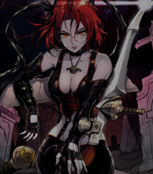 1girl armor bare_shoulders blade bloodrayne bloodrayne_(videogame) breasts cleavage corset dhampir elbow_gloves female_focus fingerless_gloves gloves half-human half-undead highres jewelry large_breasts leather leather_armor looking_at_viewer mixed_species necklace official_art outdoors parted_lips red_eyes red_hair short_hair smile solo undead vampire wide_hips