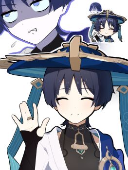 1boy aqua_gemstone black_bodysuit black_bridal_gauntlets blue_cape blue_hat blunt_ends bodysuit bridal_gauntlets cape chibi chibi_inset closed_eyes closed_mouth commentary_request covered_collarbone derivative_work eyeliner eyeshadow facing_viewer false_smile flying_sweatdrops gem genshin_impact gold gold_ring hand_up hat hatsuka_020 highres japanese_clothes jingasa kimono looking_up makeup male_focus mandarin_collar middle_ring official_art_inset open_clothes open_hand open_kimono outline pale_skin parted_lips purple_outline red_eyeliner red_eyeshadow sanpaku scaramouche_(genshin_impact) shaded_face shoulder_peek smile solo wanderer_(genshin_impact) white_background white_kimono wispy_bangs