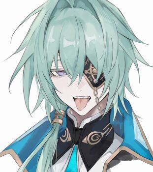 1boy anaxa_(honkai:_star_rail) aqua_hair chain eyepatch hair_between_eyes highres honkai:_star_rail honkai_(series) iota_1600 looking_at_viewer mandarin_collar multicolored_eyes one_eye_covered ponytail portrait tongue tongue_out white_background