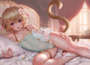 1girl ahoge andira_(granblue_fantasy) andira_(summer)_(granblue_fantasy) animal_ears asakuraf bare_shoulders blonde_hair blush cameltoe collarbone covered_navel crossed_bangs double_bun erune flat_chest flower granblue_fantasy green_one-piece_swimsuit hair_between_eyes hair_bun hair_flower hair_ornament hair_ribbon highres hugging_object indoors loli looking_at_viewer lying monkey_ears monkey_girl monkey_tail on_bed on_side one-piece_swimsuit open_mouth pillow pillow_hug red_eyes ribbon sandals see-through_clothes smile solo swimsuit tail thigh_strap