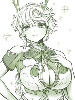 Rule 34 | 1girl, braid, breasts, cleavage, cleavage cutout, clothing cutout, cloud print, commentary request, eyelashes, green theme, highres, kantai collection, large breasts, long hair, looking at viewer, monochrome, nagi kantai114, open mouth, simple background, single braid, solo, sparkle, tassel, unryuu (kancolle), upper body, very long hair