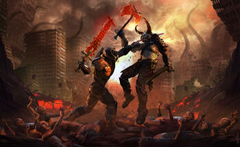 2boys apocalypse armor axe battle battle_axe blood cacodemon city crucible_(doom) demon demon_boy demon_horns doom_(series) doomguy double_barrels fantasy fighting gun highres holding holding_sword holding_weapon horns imp_(doom) male_focus marauder_(doom_eternal) monster multiple_boys ninois rivalry rivalry science_fiction shotgun stab sword tentacles weapon