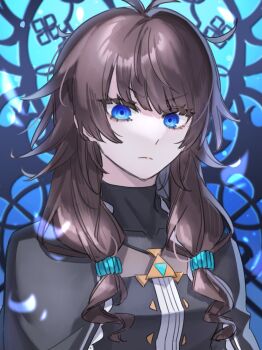 1girl antenna_hair black_shirt blue_background blue_eyes brown_hair cape closed_mouth frown highres katya_aurelie long_hair looking_at_viewer low-tied_sidelocks low_twintails re:zero_kara_hajimeru_isekai_seikatsu sakuralce shirt sidelocks solo stained_glass turtleneck twintails upper_body