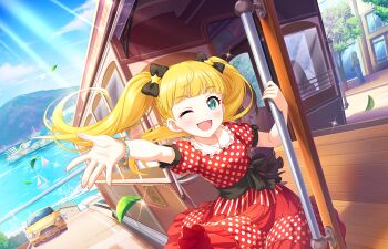 bag blonde_hair blue_eyes boat bracelet building car cloud dress faceless game_cg handbag idolmaster idolmaster_cinderella_girls idolmaster_cinderella_girls_starlight_stage jewelry leaf mary_cochran motor_vehicle ocean official_art one_eye_closed open_mouth pants polka_dot polka_dot_dress railroad_tracks red_dress san_francisco sparkle sunlight train tree twintails water watercraft
