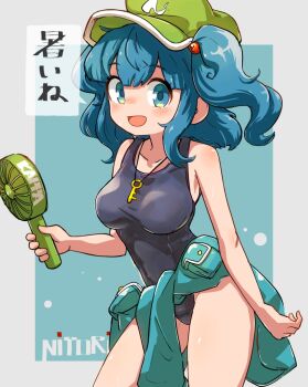1girl black_one-piece_swimsuit blue_background blue_eyes blue_hair blue_jacket border breasts character_name clothes_around_waist commentary_request cowboy_shot flat_cap green_hat grey_border hair_bobbles hair_ornament hand_fan hat highres holding holding_fan jacket jacket_around_waist jewelry kawashiro_nitori key looking_at_viewer medium_breasts one-piece_swimsuit open_mouth pendant solo speech_bubble swimsuit touhou translation_request two_side_up uisu_(noguchipint)
