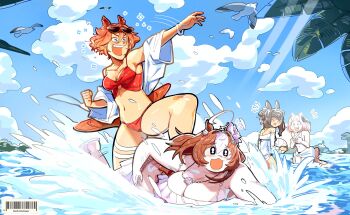 4girls admire_vega_(umamusume) ahoge animal_ears annoyed arm_up artist_name beehunterkisser bikini bird black_bikini blue_sky blush breasts brown_hair closed_mouth commentary day english_commentary fat fat_woman fatter_than_canon hair_between_eyes hair_intakes hair_ornament hairband haru_urara_(umamusume) highres horse_ears horse_girl horse_tail huge_breasts long_hair looking_ahead looking_at_another medium_breasts meisho_doto_(umamusume) multicolored_hair multiple_girls navel open_mouth outdoors outstretched_arm pale_skin parted_lips pink_hair plump raised_inner_eyebrows red_bikini red_eyes seagull short_hair sky smile standing stomach swimming swimsuit t.m._opera_o_(umamusume) tail tan two-tone_hair umamusume water white_bikini white_hair