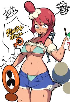 1girl @_@ bikini breasts clothes_lift crop_top dark-skinned_female dark_skin detached_sleeves gen_2_pokemon gen_4_pokemon jumpluff large_breasts long_hair mituyota_76 nintendo open_mouth pokemon pokemon_bw pokemon_masters_ex red_hair rotom rotom_(fan) shirt_lift shorts skyla_(pokemon) skyla_(summer_2025)_(pokemon) swimsuit white_background