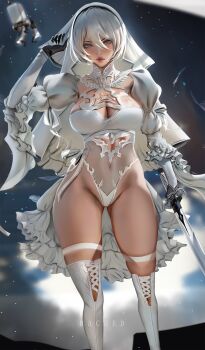 1girl 2b_(nier:automata) artist_name black_gloves breasts bridal_veil bride bright_pupils cleavage cleavage_cutout clothing_cutout dress drone elbow_gloves floating gloves gluteal_fold grey_eyes hair_between_eyes high-low_dress high-low_skirt highres holding holding_sword holding_weapon katana large_breasts leotard mole mole_under_mouth nier:automata nier_(series) non-humanoid_robot pod_(nier:automata) puffy_sleeves rached ribbon robot science_fiction see-through_clothes short_hair skirt sword thigh_strap thighhighs thighs two-tone_gloves veil virtuous_contract weapon wedding_dress white_hair white_leotard white_pupils white_ribbon white_skirt white_thighhighs