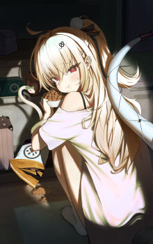 Rule 34 | 1girl, absurdres, ahoge, back, bare shoulders, blonde hair, chalky (zenless zone zero), cissia (zenless zone zero), commentary, eating, food, from behind, hair between eyes, hair ornament, highres, holding, holding food, long hair, looking at viewer, looking back, night, pet food, pom pom (clothes), pom pom hair ornament, puya (pixiv 61322484), red eyes, shirt, snake, snake girl, snake tail, socks, squatting, suitcase, sweatdrop, tail, white shirt, white snake, white socks, zenless zone zero