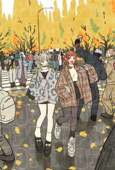 5girls 6+boys aizawa_shota amajiki_tamaki antenna_hair autumn bag best_jeanist black_gloves black_hair black_horns blonde_hair blue_hair blush boku_no_hero_academia brown_hair bubaigawara_jin choker commentary_request crosswalk double_bun eri_(boku_no_hero_academia) full_body gloves green_hair hado_nejire hair_bun hand_in_pocket hands_on_own_hips hawks_(boku_no_hero_academia) highres holding holding_phone horns kamui_woods locked_arms medium_hair midoriya_izuku mount_lady multiple_boys multiple_girls outdoors pantyhose phone purple_hair shigaraki_tomura shoulder_bag smile socks takeuchi_ryousuke taking_picture toga_himiko togata_mirio uraraka_ochako v white_hair white_socks