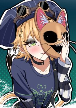 1girl :p absurdres blonde_hair casual choker dooby earrings eyeshadow goggles goggles_on_headwear green_eyes hair_ornament hairclip hat highres indie_virtual_youtuber jdlink jewelry makeup mask multiple_earrings official_alternate_costume shirt short_eyebrows solo thick_eyebrows tongue tongue_out upper_body virtual_youtuber wolf_cut