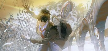 1boy arch backlighting backpack bag black_coat black_eyes black_hair blood blood_on_face bridge broken_fence clenched_teeth cloud cloudy_sky coat collared_shirt day feet_out_of_frame fence from_below glint hashtag-only_commentary highres injury iron_fence kim_dokja lamppost male_focus necktie omniscient_reader&#039;s_viewpoint outdoors red_necktie road_sign running serious shirt short_hair sign sky solo teeth white_shirt wind wind_lift yusongrmdsuki