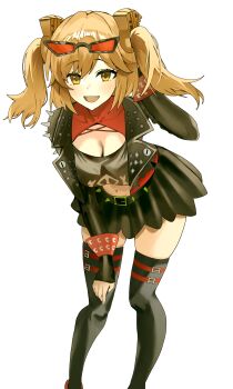 Rule 34 | 1girl, :d, absurdres, belt, black jacket, black skirt, black thighhighs, black tube top, blonde hair, breasts, burnice white, cleavage, commentary, eyewear on head, feet out of frame, hair ornament, highres, jacket, leaning forward, long sleeves, midriff, navel, open mouth, red-tinted eyewear, skirt, smile, solo, strapless, sunglasses, thighhighs, thighs, tinted eyewear, tube top, twintails, yellow eyes, yilin, zenless zone zero