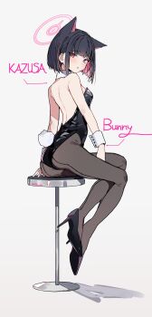 1girl absurdres alternate_costume animal_ears ass back bare_shoulders black_hair black_leotard black_pantyhose black_shoes blue_archive blush breasts cat_ears cat_tail character_name colored_inner_hair commentary_request detached_collar extra_ears full_body halo high_heels highres kazusa_(blue_archive) leotard looking_at_viewer multicolored_hair nontraditional_playboy_bunny pantyhose pink_hair pink_halo playboy_bunny rabbit_tail red_eyes shoes short_hair simple_background sitting solo stool strapless strapless_leotard tail two-tone_hair usukawa_(uskw_sr) wrist_cuffs
