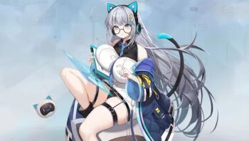1girl ark_re:code black_panties black_shirt blue_background blue_eyes blue_jacket boots cat_ear_hairband cat_tail closed_mouth erica_(ark_re:code) glasses grey_hair jacket long_hair panties robot serious shirt sitting solo suspenders tail underwear very_long_hair white_shirt