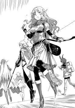 6+girls alicia_forestlight animal_ears backpack bag belt boots bow_(weapon) breasts chest_harness dithering dress dungeon_ni_deai_wo_motomeru_no_wa_machigatteiru_darou_ka elf greyscale haimura_kiyotaka harness high_heel_boots high_heels highres holding holding_bow_(weapon) holding_staff holding_weapon long_hair medium_breasts monochrome multiple_girls novel_illustration official_art open_mouth pantyhose pleated_dress pointy_ears quiver rabbit_ears rabbit_girl rakta_haze riveria_ljos_alf scabbard sheath sheathed short_hair staff sword sword_oratoria third-party_source walking wavy_hair weapon