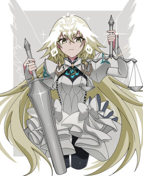 1girl absurdres angel_wings black_pantyhose blonde_hair bracelet breasts bridal_gauntlets commentary_request dress fate/grand_order fate_(series) feathered_wings headpiece highres jeanne_d'arc_(fate) jewelry juliet_sleeves long_hair long_sleeves looking_at_viewer medium_breasts metatron_jeanne_(fate) metatron_jeanne_(third_ascension)_(fate) multiple_wings pantyhose puffy_sleeves solo sparkle sword thighs tokumori_ramen very_long_hair weapon weighing_scale white_dress wings yellow_eyes