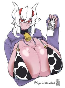 1girl ? alternate_breast_size_(larger) alternate_costume alternate_design alternate_hair_length alternate_hairstyle animal_print areola_slip arm_under_breasts artist_logo beelzebub_(helltaker) bell bikini black_collar black_nails body_freckles bottle breasts chest_freckles cleavage collar collarbone colored_eyelashes cow_horns cow_print cow_print_bikini cowbell dark_areolae dated demon demon_girl demon_horns english_text expressionless fingernails freckles gigantic_breasts gonzalocosta888 hair_between_eyes half-closed_eyes helltaker highres holding holding_bottle hood hood_down hoodie horns large_areolae logo long_fingernails long_hair long_sleeves looking_at_viewer milk milk_bottle o-ring o-ring_bikini open_clothes open_hoodie print_bikini purple_hoodie red_eyes revealing_clothes sidelocks simple_background sleeves_past_wrists solo swimsuit white_background white_eyelashes white_hair white_horns