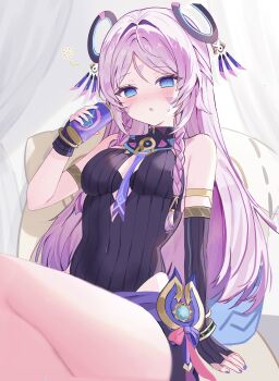 1girl armlet asymmetrical_gloves bare_shoulders black_leotard blue_eyes bracelet breasts can citlali_(genshin_impact) commentary_request covered_navel elbow_gloves fingerless_gloves floating_headgear genshin_impact gloves hair_intakes headgear highres holding holding_can jewelry leotard long_hair looking_at_viewer parted_bangs pink_hair pink_pupils r1_kli ribbed_leotard ring_hair_ornament single_elbow_glove sitting small_breasts solo vision_(genshin_impact)