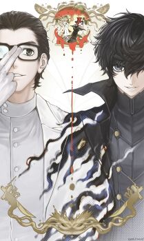 absurdres amamiya_ren black_coat black_jacket black_mask chinese_commentary coat commentary_request glasses gloves grey_eyes highres holding holding_mask jacket joker_(persona_5) kun_zhan_qishi maruki_takuto mask persona persona_5 persona_5_the_royal red_gloves white_mask