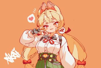 1girl akaibeeyume alice_thymefield animal_ear_fluff animal_ears black_gloves blonde_hair blush breasts closed_mouth fingerless_gloves gloves green_skirt hair_ornament hand_up heart heterochromia highres large_breasts long_hair looking_at_viewer low_twintails notice_lines orange_background rabbit_ears rabbit_girl red_eyes shirt shirt_tucked_in simple_background skirt solo sphere_hair_ornament spoken_heart twintails upper_body w white_shirt yellow_eyes zenless_zone_zero