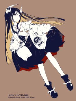 1girl boots commentary_request full_body highres horns jacket limited_palette long_hair looking_to_the_side off_shoulder original sailor_collar skirt skirt_hold smile solo sumi_keiichi very_long_hair