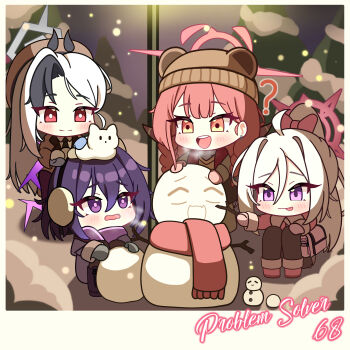 4girls 82jhin :p absurdres ahoge animal_ear_headwear aru_(blue_archive) beanie blue_archive blush breath brown_hat commentary_request demon_horns fake_animal_ears fake_photograph grey_hair group_name halo haruka_(blue_archive) hat highres horns kayoko_(blue_archive) korean_commentary mittens multiple_girls mutsuki_(blue_archive) outdoors pink_hair pink_mittens problem_solver_68_(blue_archive) purple_hair slice_of_life smile snow snow_animal snowing snowman teeth tongue tongue_out upper_teeth_only