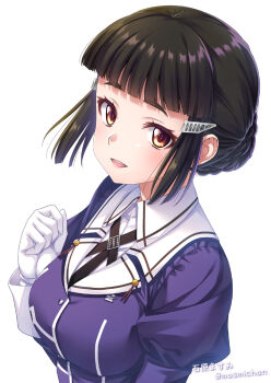 Rule 34 | 1girl, black hair, blunt bangs, braid, braided bun, brown eyes, collared shirt, commentary request, dress shirt, hair bun, ishihara masumi, jacket, kantai collection, myoukou (kancolle), myoukou kai ni (kancolle), purple jacket, shirt, short hair, solo, thick eyebrows, upper body, white glovds, white shirt