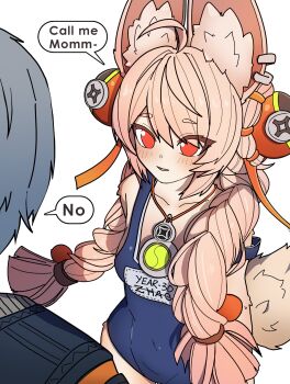 1boy 1girl absurdres animal_ear_fluff animal_ears arms_behind_back blue_jacket blush dorahdew furry grey_hair highres jacket jewelry looking_at_another looking_up necklace pink_hair rabbit_ears rabbit_tail red_eyes school_swimsuit sexually_suggestive speech_bubble swimsuit tail white_background wise_(zenless_zone_zero) zenless_zone_zero zhao_(zenless_zone_zero)