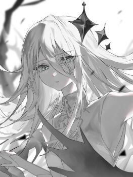 1girl animal_skeleton arm_at_side armpits bare_shoulders black_halo black_wings bloom_festival_(project_sekai) blue_eyes blurry blurry_background bone breasts bridal_gauntlets commentary dress floating_hair gloves grey_theme greyscale hair_between_eyes halo hanaomaru1 high_collar highres holding holding_bone long_hair long_sidelocks looking_at_viewer monochrome official_alternate_costume official_alternate_eye_color official_alternate_hair_color official_alternate_hairstyle parted_lips project_sekai sidelocks sleeveless sleeveless_dress small_breasts solo star_halo symbol-only_commentary tearing_up tears upper_body very_long_hair white_dress white_gloves white_hair white_theme wings yoisaki_kanade