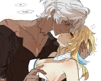 1boy 1girl areola_slip arm_around_neck artist_name assisted_exposure bare_shoulders blonde_hair blush breasts brown_shirt eye_contact face-to-face feather_hair_ornament feathers fingernails genshin_impact grabbing_another's_breast green_eyes groping hair_ornament half-closed_eye hand_on_another's_head height_difference hetero highres ifa_(genshin_impact) imminent_kiss korean_text large_breasts leaning_back leaning_forward long_hair looking_at_another lumine_(genshin_impact) multiple_scars neck_tattoo orange_eyes penzi_(mok_pen) scar scar_on_shoulder shirt short_hair simple_background sweat tattoo translation_request trembling undressing_another white_background