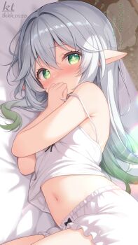 belly black_ribbon bloomers blush breasts camisole covering_own_mouth genshin_impact green_eyes hair_down highres multicolored_hair nahida_(genshin_impact) navel paid_reward_available ribbon small_breasts tkkk_0220 two-tone_hair underwear waking_up white_camisole white_hair