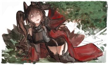 Rule 34 | 1girl, :d, alternate breast size (larger), angelina (arknights), animal ear fluff, animal ears, arknights, arknights: endfield, bare shoulders, black gloves, black thighhighs, border, breasts, brown hair, coat, commentary, dot nose, dress, fox ears, fox girl, gilberta (arknights), gloves, grey dress, headpiece, highres, kneeling, kotowaza, large breasts, long hair, long sleeves, off shoulder, one eye closed, open clothes, open coat, open mouth, orange eyes, plant, red coat, shading eyes, short dress, sleeveless, sleeveless dress, smile, solo, thighhighs, twintails, white background, white border, zettai ryouiki