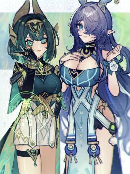 2girls absurdres antlers aqua_dress armlet bare_shoulders belt black_gloves blue_hair blush bracelet breasts chest_jewel claw_ring cleavage deer_antlers deer_girl dress earrings elbow_gloves eye_tattoo genshin_impact gloves green_eyes green_hair green_shirt hair_over_one_eye headpiece highres horns jewelry large_breasts lauma_(genshin_impact) long_hair looking_at_viewer medium_hair miniskirt multiple_girls neck_ring nefer_(genshin_impact) noa_pisces pelvic_curtain pendant pointy_ears shirt sidelocks skirt smile tattoo thigh_strap thighs usekh_collar white_skirt