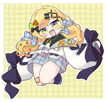 1girl :d black_bow black_socks black_sweater blonde_hair blush_stickers bow chibi commentary_request fang full_body green_eyes green_hair grey_bow grey_shorts hair_bow hair_ornament jacket kozuya_nano long_hair long_sleeves looking_at_viewer miranofuudoria multicolored_hair open_mouth outline plaid_background plaid_bow plaid_clothes plaid_shorts puffy_long_sleeves puffy_sleeves purple_eyes ribbed_sweater shorts sleeves_past_fingers sleeves_past_wrists smile socks solo specialite_(company) streaked_hair sweater turtleneck turtleneck_sweater very_long_hair virtual_youtuber white_bow white_jacket white_outline x_hair_ornament yellow_background