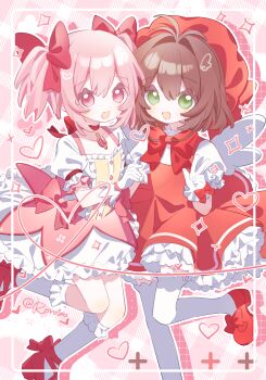 2girls :d absurdres ankle_bow ankle_ribbon antenna_hair arm_bow artist_name block_heels blush bow bowtie brown_hair buttons cardcaptor_sakura chest_jewel chinese_commentary choker collarbone colored_shadow commentary_request criss-cross_straps crossover curled_fingers double-parted_bangs drawn_heart drawn_star drawn_wings dress dress_bow drop_shadow feet_out_of_frame floating footwear_bow frilled_gloves frilled_socks frills gem gloves green_eyes hair_between_eyes hair_bow hair_intakes hat heart heart_of_string highres inset_border kaname_madoka kaname_madoka_(magical_girl) kinomoto_sakura kinomoto_sakura_(magician) kneehighs layered_dress leg_ribbon leg_up legs_up looking_at_viewer magical_girl mahou_shoujo_madoka_magica mahou_shoujo_madoka_magica_(anime) mary_janes mob_cap multiple_girls open_mouth outline pink_background pink_bow pink_dress pink_eyes pink_gemstone pink_hair pink_ribbon pink_theme plaid_background puffy_short_sleeves puffy_sleeves red_bow red_bowtie red_choker red_dress red_hat red_ribbon red_shoes ribbon ribbon_choker roro_(lolo) shadow shirt shoes short_hair short_sleeves short_twintails side-by-side single_horizontal_stripe smile socks soul_gem standing standing_on_one_leg star_(symbol) thighhighs twintails two-tone_background two-tone_dress w white_background white_bow white_dress white_gloves white_outline white_shirt white_socks white_thighhighs white_wings wings wrist_bow wrist_ribbon x_(symbol)