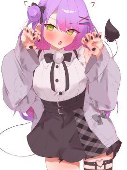 1girl absurdres black_nails black_skirt collared_shirt commentary demon_girl demon_tail ear_piercing fang hair_ornament hairpin heart heart_o-ring highres hololive long_hair looking_at_viewer nail_polish o-ring o-ring_thigh_strap official_alternate_costume piercing pink_hair shirt skin_fang skirt symbol-only_commentary tail tail_ornament tail_piercing tepenchi thigh_strap tokoyami_towa tokoyami_towa_(jirai_kei) virtual_youtuber white_background white_shirt x_hair_ornament