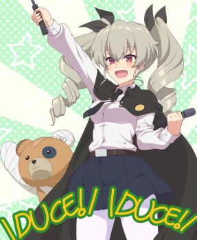 1girl absurdres ada_badguy anchovy_(girls_und_panzer) anzio_school_uniform boko_(girls_und_panzer) breasts cape drill_hair earrings girls_und_panzer green_hair hair_ribbon highres jewelry large_breasts long_hair microphone miniskirt open_mouth pantyhose red_eyes ribbon riding_crop school_uniform simple_background skirt smile solo twin_drills twintails white_pantyhose