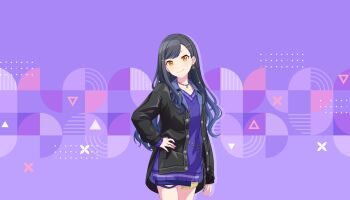 1girl black_hair black_jacket blue_hair closed_mouth collarbone colorful_palette dress earrings find_a_way_out_(project_sekai) game_cg gradient_hair hair_ornament hairclip hand_on_own_hip highres jacket jewelry long_hair multicolored_hair necklace official_alternate_costume official_art orange_eyes project_sekai purple_background purple_dress shiraishi_an single_earring smile solo star_(symbol) star_hair_ornament third-party_source triangle x_hair_ornament