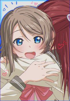 2girls absurdres arms_up blue_eyes blush body_blush bow bowtie brown_hair close-up commentary_request dot_nose ear_blush facing_away facing_viewer grey_hair grey_sailor_collar hair_ornament heart highres holding_another&#039;s_arm hug long_hair looking_at_another looking_to_the_side love_live! love_live!_sunshine!! multiple_girls open_mouth over_shoulder red_bow red_bowtie red_hair sailor_collar sakurauchi_riko school_uniform serafuku short_hair smile spoken_heart teeth upper_body uranohoshi_school_uniform watanabe_you wavy_hair winter_uniform wrist_cuffs yuchi_(salmon-1000) yuri