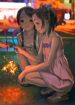 2girls blurry braid brown_eyes brown_hair child collarbone depth_of_field dress fireworks flat_chest futuregraph grin hands_on_own_knees highres multiple_girls murata_range out_of_frame sandals scan smile sparkler squatting twin_braids two_side_up