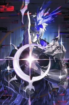 1boy absurdres alt_text artist_logo artist_name black_cloak cloak commentary cracked_skin crescent english_commentary fire flame_reaver_of_the_deepest_dark gauntlets glitch highres holding holding_sword holding_weapon honkai:_star_rail honkai_(series) libero_art logo male_focus phainon_(honkai:_star_rail) purple_fire short_hair solo sword weapon white_hair